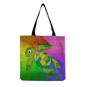 Canvas tote bag with cute sea turtle print and colorful watercolor background for daily use.