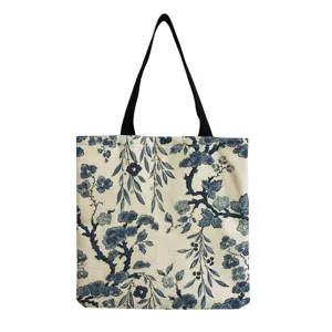 Blue floral print canvas tote bag, stylish retro casual shoulder shopping bag for women.