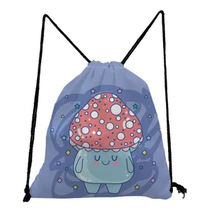 Cute cartoon mushroom print drawstring backpack, lightweight casual storage bag for daily use.