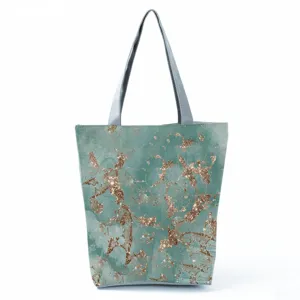 Chic teal marble tote bag with stunning gold glitter abstract print and durable double handles.