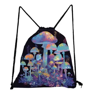 Fantasy mushroom print drawstring backpack, casual lightweight foldable daypack.