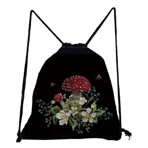 Creative mushroom print drawstring backpack for women, lightweight casual storage bag.