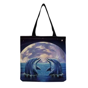 Linen Sea Turtle Whale Mermaid Dolphin Print Tote Bag Artistic Floral Marine Animal Pattern Shoulder Bag Women Casual Daily Handbag