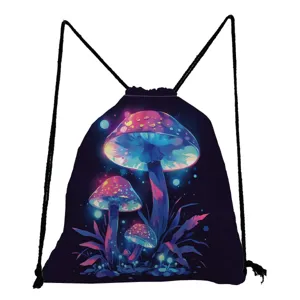 Detailed view of the vibrant neon mushroom print on this durable lightweight drawstring bag.