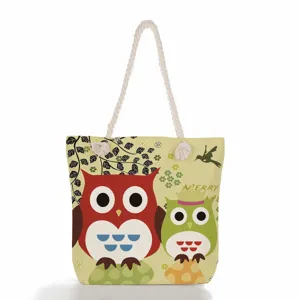 Bolso Tote de Lino para Mujer Asa de Cuerda Gruesa Gran Capacidad Bolso de Playa Estampado Búho Étnico Bolso de Hombro Casual