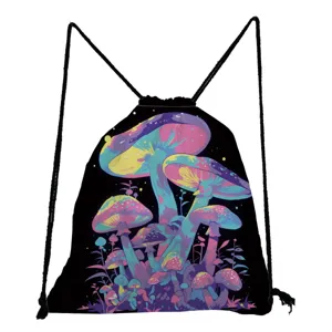 Detail view of the colorful psychedelic mushroom print black drawstring backpack for women.