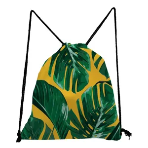 Tropical green leaf print drawstring backpack, stylish yellow fabric storage bag for daily use.