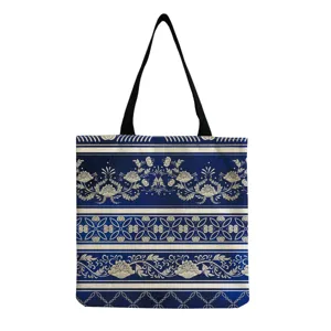 Blue floral print canvas tote bag, vintage porcelain style casual shoulder bag for women.
