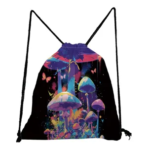 Detailed view of the fantasy mushroom print drawstring backpack featuring vibrant nature art.