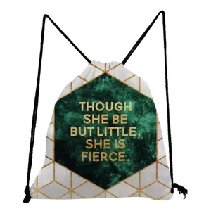 Detailed shot of the printed drawstring backpack with green marble texture and inspiring quote.
