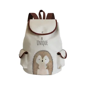 Cute canvas backpack with hedgehog print casual school travel bag for students daily use.