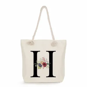 Leinwand Tragetasche mit Buchstabe H und Blumenmuster, grosse Strandtasche Umhängetasche.