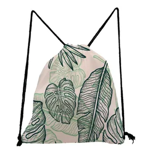 Tropical leaf print drawstring backpack, casual green plants pattern travel daypack.