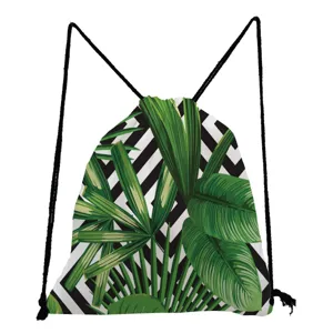 Tropical palm leaves print drawstring backpack, casual fashion canvas lightweight daypack for travel.