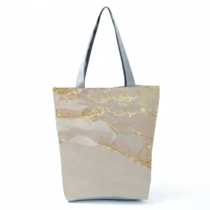 Abstract marble pattern tote bag detail view, luxury gold glitter lines, grey shoulder strap