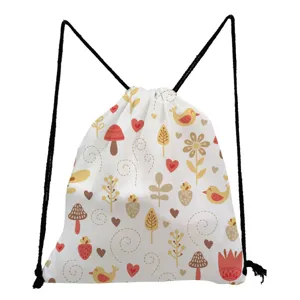 Cute mushroom and bird pattern canvas drawstring backpack lightweight casual daily storage bag in white