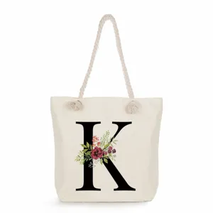 Segeltuch Tragetasche mit Buchstabe K und Blumenmuster, große Strandtasche Schultertasche.
