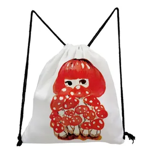 Cute mushroom print drawstring backpack, lightweight canvas casual daily storage bag for women.