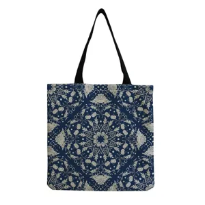 Blue and white floral print canvas tote bag, stylish casual women shoulder shopping handbag.