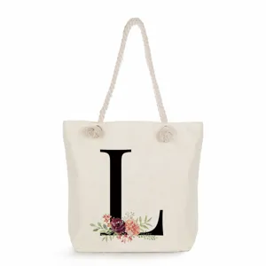 Segeltuch Tragetasche mit schwarzem Buchstabenprint und Blumenmuster, lässige Umhängetasche.