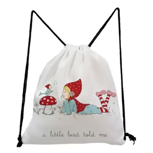 Close-up detail of the cute cartoon mushroom printed canvas drawstring storage bag.