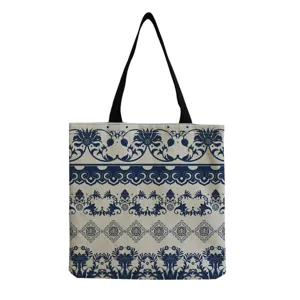 Blue and white porcelain style printed canvas tote bag for women casual daily shopping.