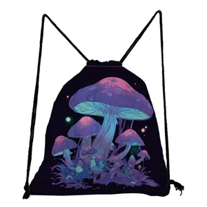 Fantasy mushroom print drawstring backpack, casual lightweight foldable cinch bag for women.
