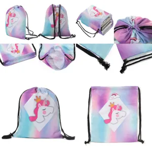 Gradient unicorn drawstring backpack cute cartoon daypack lightweight folding bag kids