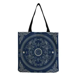 Blue canvas tote bag with intricate white mandala print, fashion shoulder handbag for daily use