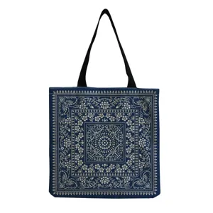 Blue paisley print canvas tote bag, stylish casual shoulder handbag for daily shopping and travel.