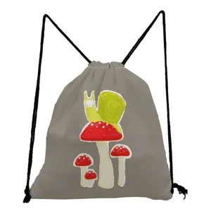 Cute cartoon mushroom snail print grey drawstring backpack lightweight casual daily storage bag