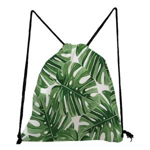 Monstera leaf print drawstring backpack detail view, casual travel bag close up