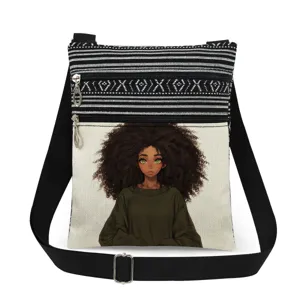 Sac bandoulière en toile avec imprimé fille noire, double fermeture éclair, sac élégant.