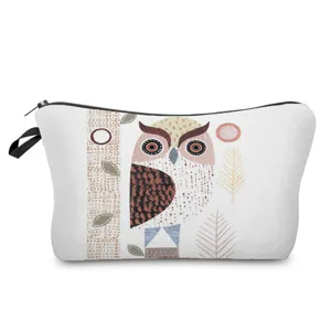 Cute owl print cosmetic bag, portable travel makeup pouch with zipper closure and handle.