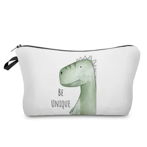 Detalle de bolsa de cosméticos con bonito estampado de dinosaurio, estuche escolar útil.
