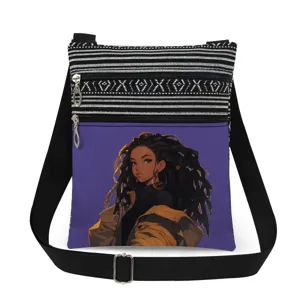 Sac bandoulière en toile avec imprimé de fille noire et double fermeture à glissière.