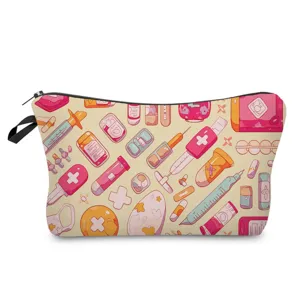 Graziosa borsa per trucco con stampa medica, grande astuccio cosmetico portatile per uso quotidiano.