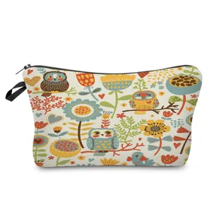Cartoon owl print canvas cosmetic bag travel makeup pouch portable toiletry organizer