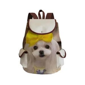 Canvas backpack with cute dog print, brown straps, side pockets, casual daily school bag.
