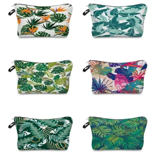 Tropical Monstera Leaf Print Polyester Cosmetic Bag Dumpling Shape Travel Makeup Pouch Zipper Handheld Storage Organizer For Women