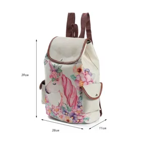 Canvas backpack with cute unicorn and floral print, brown leather trim, large casual daypack.