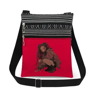 Sac bandoulière en toile à rayures noires et blanches avec imprimé anime mignon.