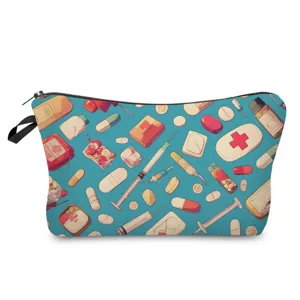 Vista dettagliata della trousse cosmetica con stampa medica e pratica chiusura a zip.