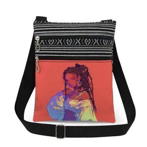 Sac bandoulière en toile avec impression graphique de fille noire, doubles fermetures éclair, chic.