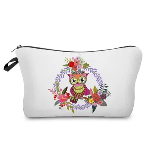 Cute owl floral print makeup bag cosmetic pouch travel organizer with zipper closure.