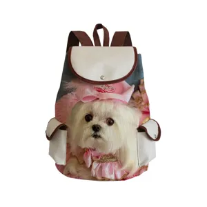 Detailed view of cute puppy print canvas backpack showing front dog graphic and pocket details.