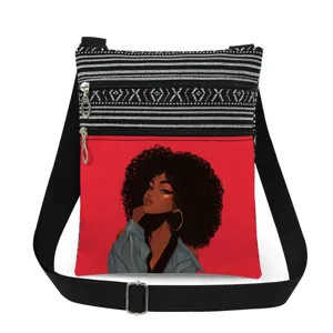 Sac à bandoulière mignon avec imprimé fille noire, double fermeture éclair, sac pour femmes.