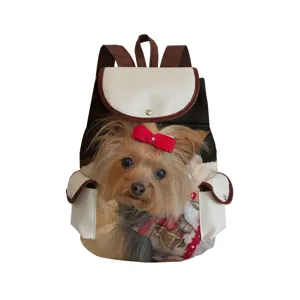 Cute yorkshire terrier print backpack with brown straps and white pockets for student use.