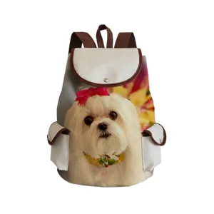 Detailed view of the cute Maltese dog print canvas backpack with brown leather trim straps.