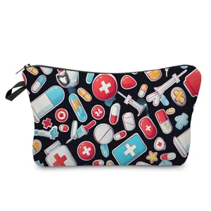 Borsa per cosmetici portatile con stampa medica a cartoni animati, grande trousse con zip.
